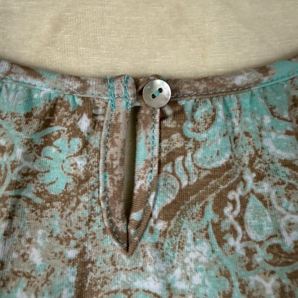 Hannah women's patterned pullover top 3/4 sleeve light teal and brown small - Picture 6 of 10